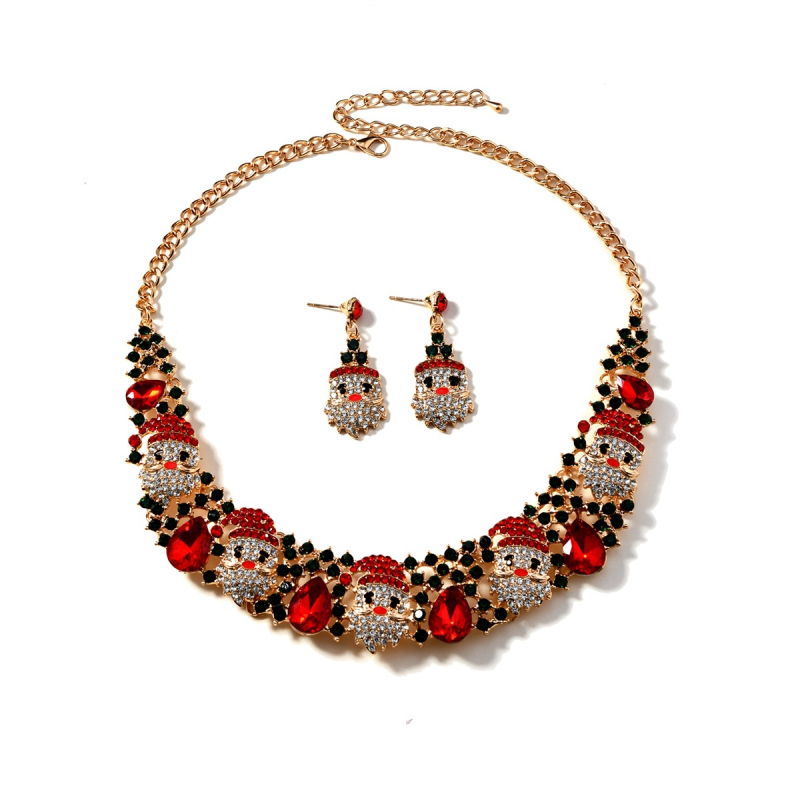 Božićni set nakita (earrings i ogrlica) s rhinestone kristalima, cvjetni uzorak, privjesak od legure, običan lanac — Jiaoyu