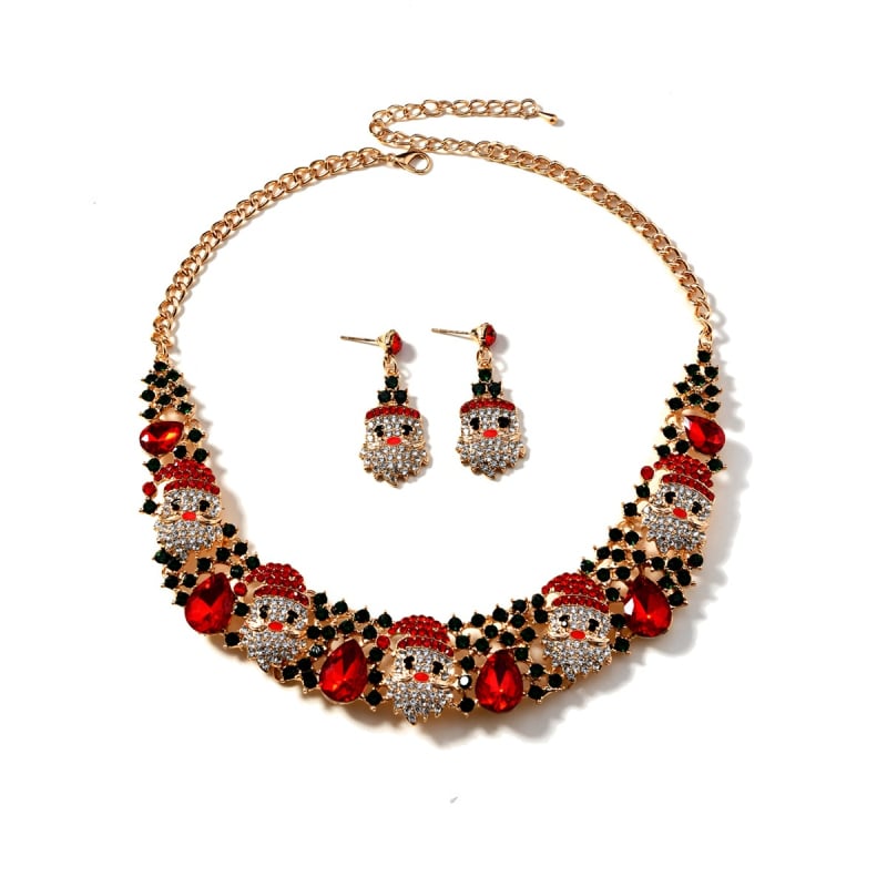 Božićni set nakita (earrings i ogrlica) s rhinestone kristalima, cvjetni uzorak, privjesak od legure, običan lanac — Jiaoyu