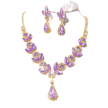 Set ogrlice i naušnica sa kristalima, zlatno ugravirano, privjesak u obliku cvijeta, standardni lanac, duljina 31–40 cm