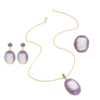 Set de bijuterii din perle artificiale, cercei, colier și accesorii pentru mână; lanț clavicular; pandantiv din sidef; placare electroplată