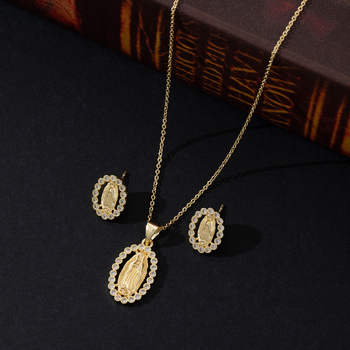 Set de bijuterii cu Fecioara Maria și cristale, pandantiv din cupru, lanț în formă de O, placare electrolitică, cercei incluși