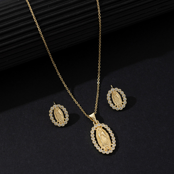 Set de bijuterii cu Fecioara Maria și cristale, pandantiv din cupru, lanț în formă de O, placare electrolitică, cercei incluși