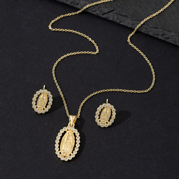 Set de bijuterii cu Fecioara Maria și cristale, pandantiv din cupru, lanț în formă de O, placare electrolitică, cercei incluși