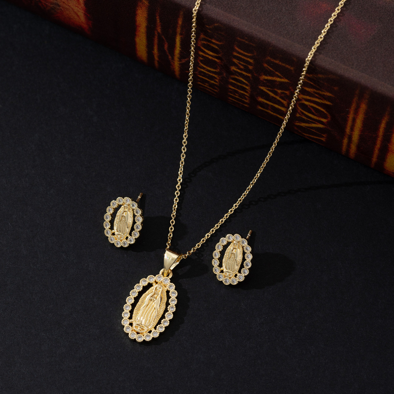 Set de bijuterii cu Fecioara Maria și cristale, pandantiv din cupru, lanț în formă de O, placare electrolitică, cercei incluși