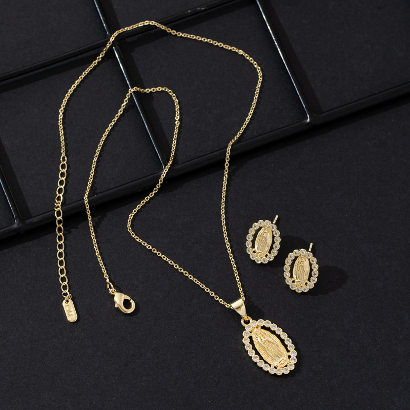 Set de bijuterii cu Fecioara Maria și cristale, pandantiv din cupru, lanț în formă de O, placare electrolitică, cercei incluși