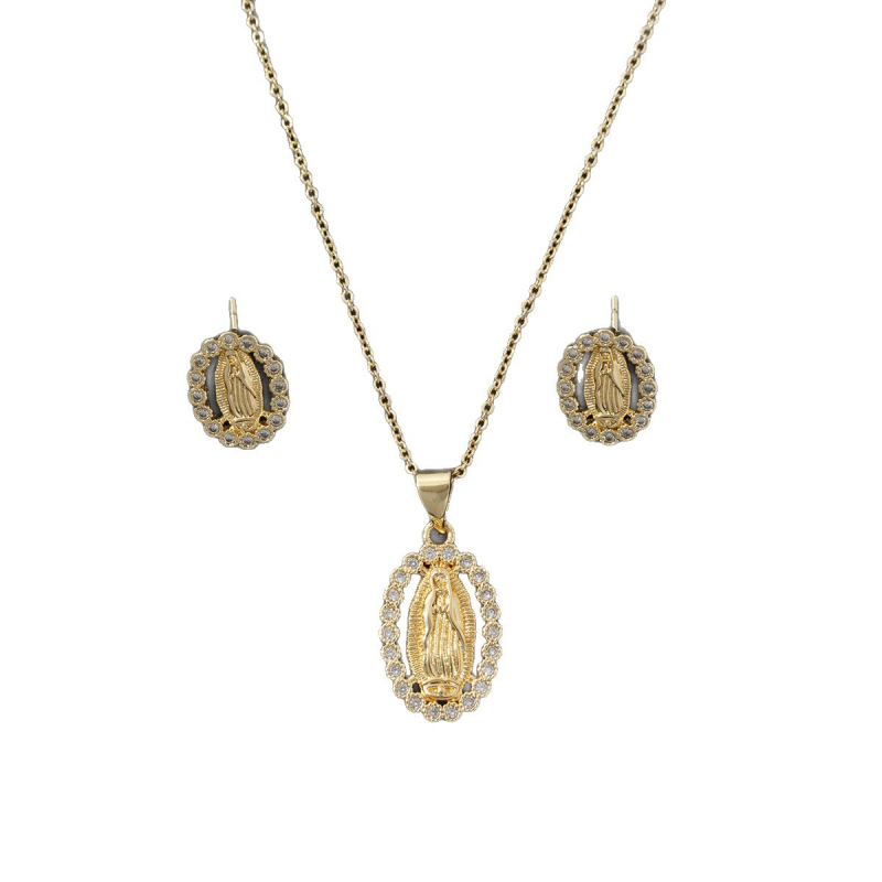 Set de bijuterii cu Fecioara Maria și cristale, pandantiv din cupru, lanț în formă de O, placare electrolitică, cercei incluși