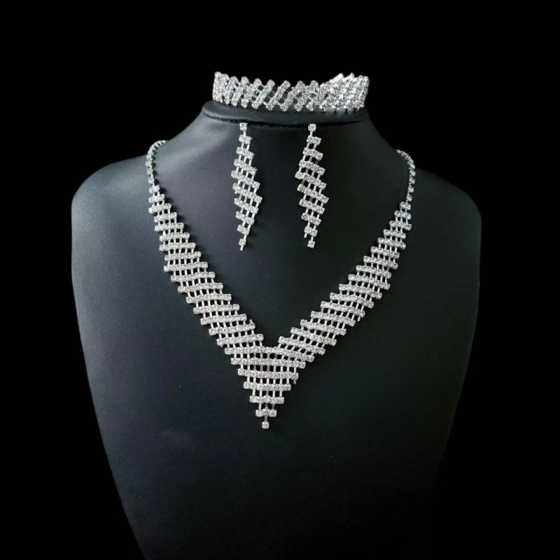 Set de bijuterii pentru mireasă: rhinestone geometric, 3 piese (colier, cercei, brățară), stil lux lejer
