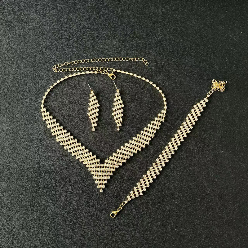 Set de bijuterii pentru mireasă: rhinestone geometric, 3 piese (colier, cercei, brățară), stil lux lejer