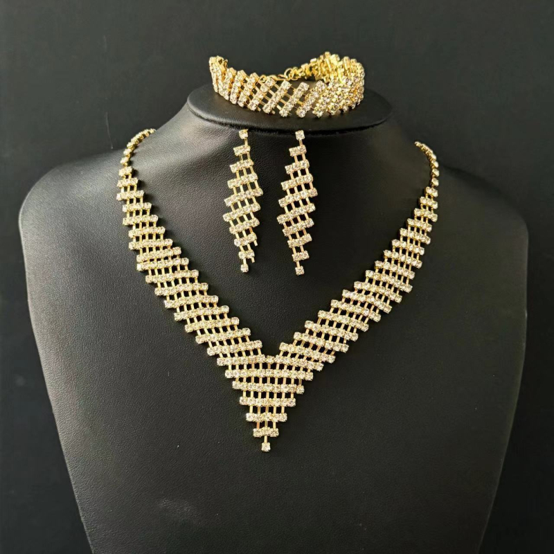 Set de bijuterii pentru mireasă: rhinestone geometric, 3 piese (colier, cercei, brățară), stil lux lejer