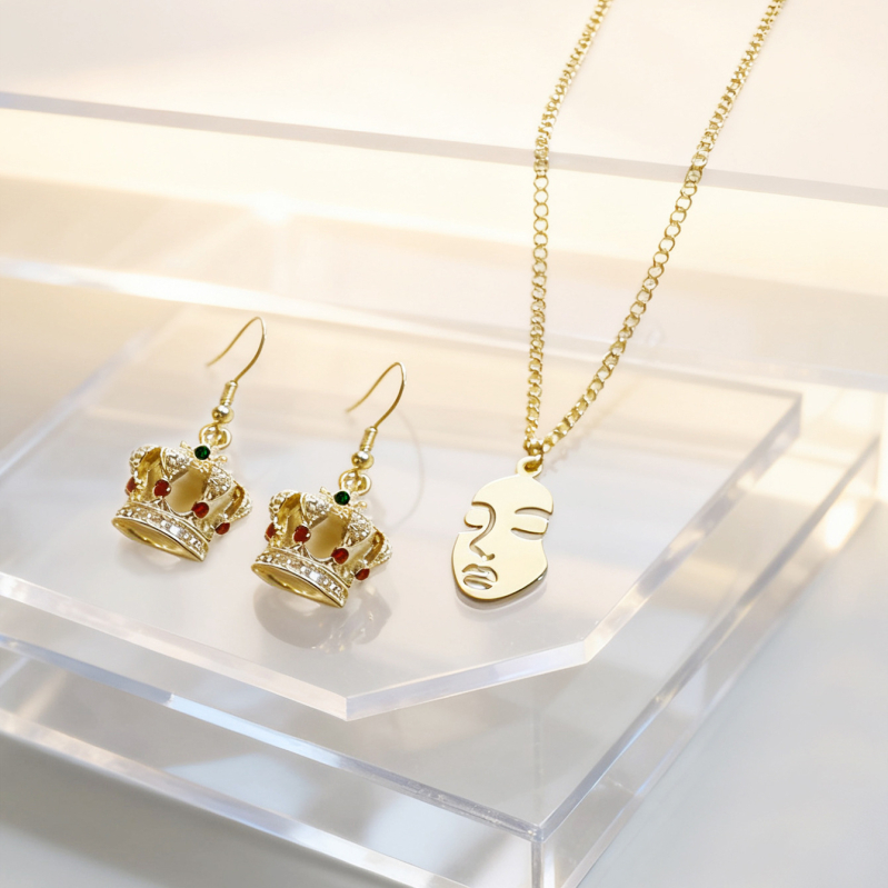 Set de accesorii: Colier cu portretul feței și cercei cu coroană din cristale (Aliaj; Placare electrolitică; Lanț drept; Cercei + colier)