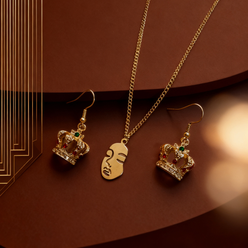 Set de accesorii: Colier cu portretul feței și cercei cu coroană din cristale (Aliaj; Placare electrolitică; Lanț drept; Cercei + colier)