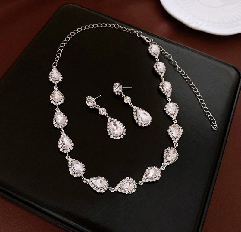 Set colier și cercei cu diamante, motiv picătură de apă și floare, cupru, lanț claviculă, pandant rhinestone, modele inimă/picătură/clopot, 42,9 g, stil lux lejer