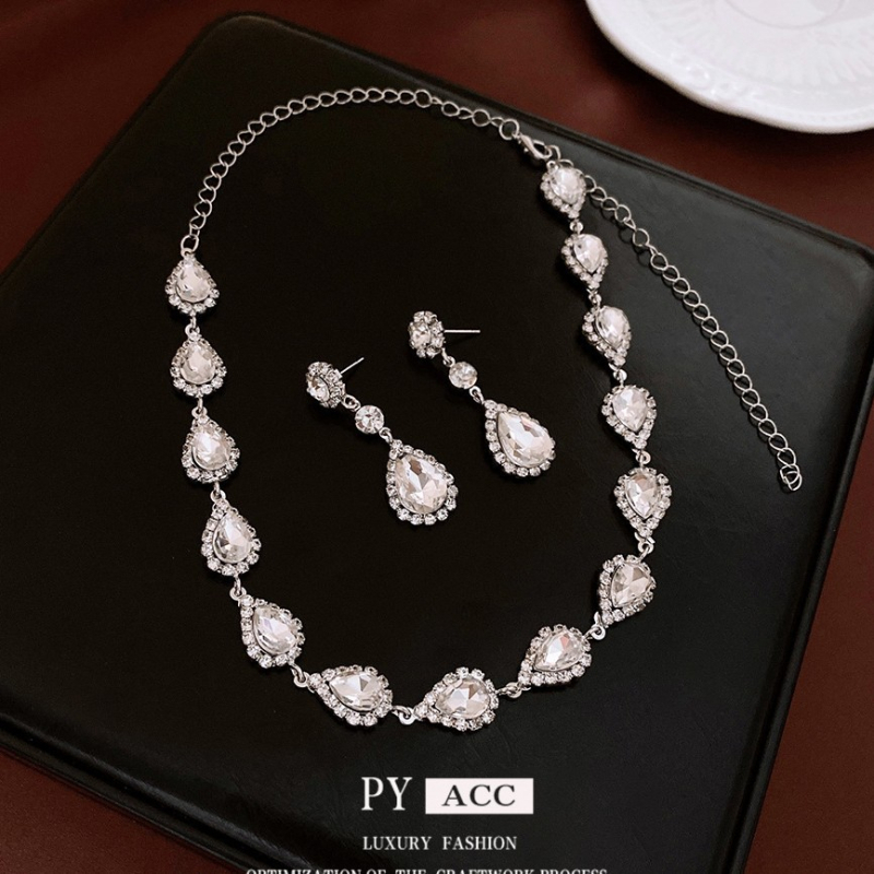 Set colier și cercei cu diamante, motiv picătură de apă și floare, cupru, lanț claviculă, pandant rhinestone, modele inimă/picătură/clopot, 42,9 g, stil lux lejer