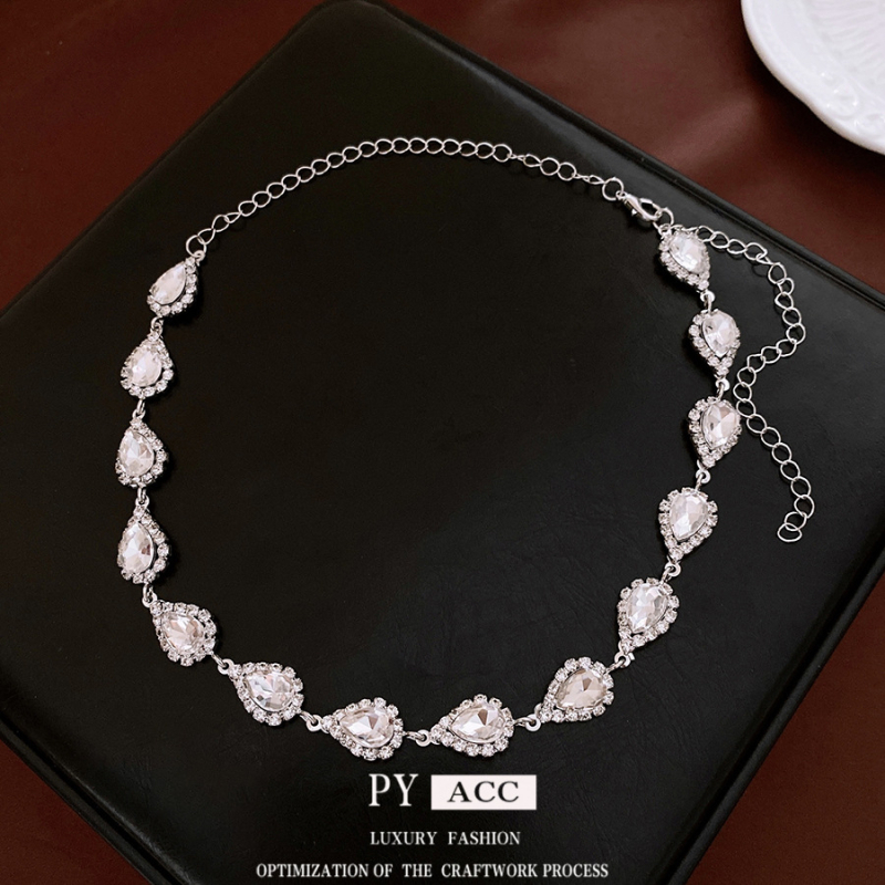 Set colier și cercei cu diamante, motiv picătură de apă și floare, cupru, lanț claviculă, pandant rhinestone, modele inimă/picătură/clopot, 42,9 g, stil lux lejer