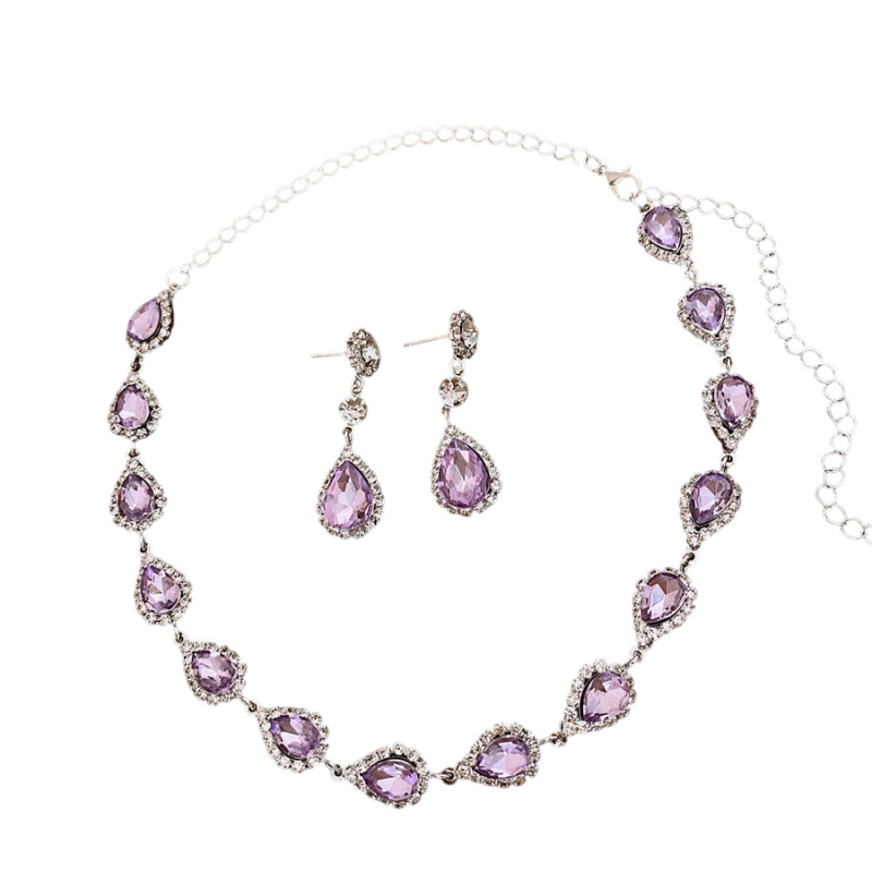 Set colier și cercei cu diamante, motiv picătură de apă și floare, cupru, lanț claviculă, pandant rhinestone, modele inimă/picătură/clopot, 42,9 g, stil lux lejer