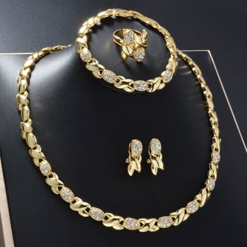 Geometrijski zavoj rhinestones bakreni set nakita – naušnice, ogrlica, narukvica, prsten (elektroplatiranje, ljeto 2025)