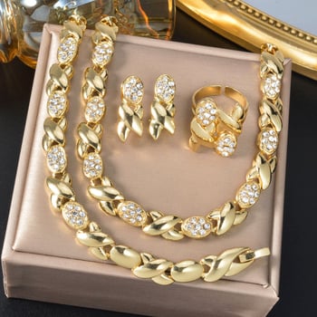 Geometrijski zavoj rhinestones bakreni set nakita – naušnice, ogrlica, narukvica, prsten (elektroplatiranje, ljeto 2025)