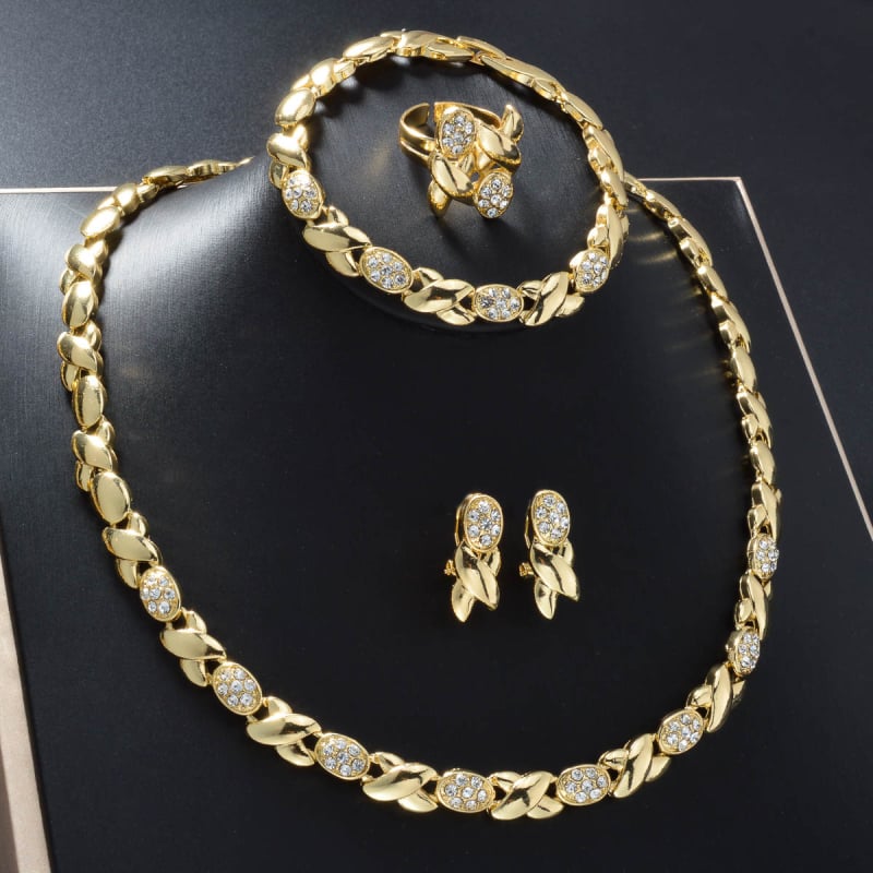 Geometrijski zavoj rhinestones bakreni set nakita – naušnice, ogrlica, narukvica, prsten (elektroplatiranje, ljeto 2025)