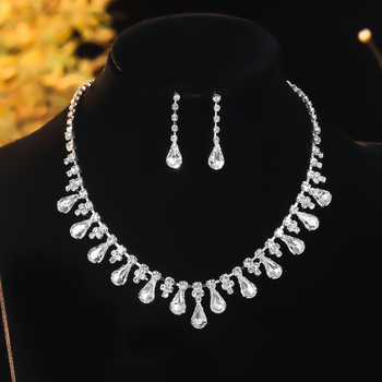 Set de bijuterii pentru mireasă: colier și cercei cu cristale, motiv picătură de apă, finisaj electroplacat