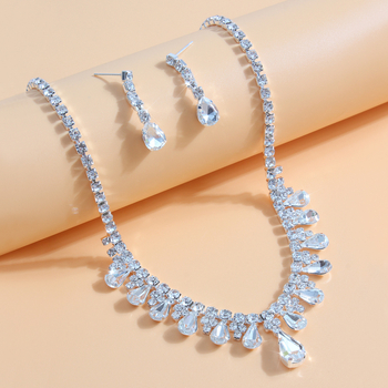 Set de bijuterii pentru mireasă: colier și cercei cu cristale, motiv picătură de apă, finisaj electroplacat