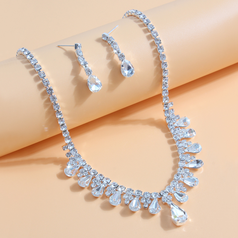 Set de bijuterii pentru mireasă: colier și cercei cu cristale, motiv picătură de apă, finisaj electroplacat
