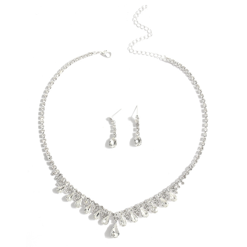 Set de bijuterii pentru mireasă: colier și cercei cu cristale, motiv picătură de apă, finisaj electroplacat