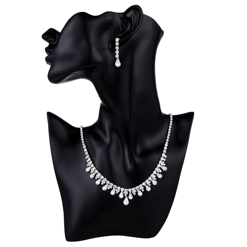 Set de bijuterii pentru mireasă: colier și cercei cu cristale, motiv picătură de apă, finisaj electroplacat