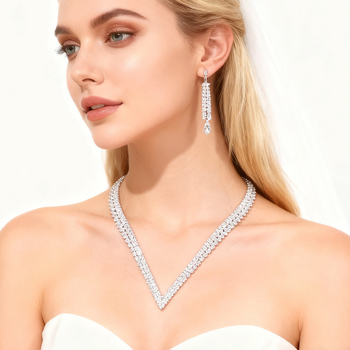 Set de bijuterii pentru mireasă: colier și cercei cu zirconiu, pandante în formă de inimă/picătură/clopot, placare electroplată