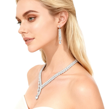 Set de bijuterii pentru mireasă: colier și cercei cu zirconiu, pandante în formă de inimă/picătură/clopot, placare electroplată