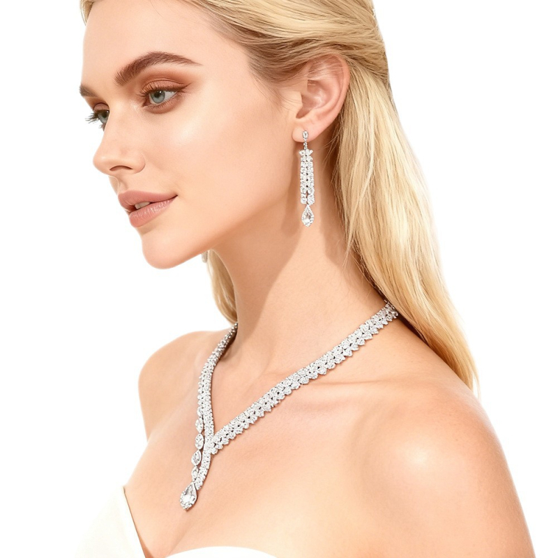 Set de bijuterii pentru mireasă: colier și cercei cu zirconiu, pandante în formă de inimă/picătură/clopot, placare electroplată