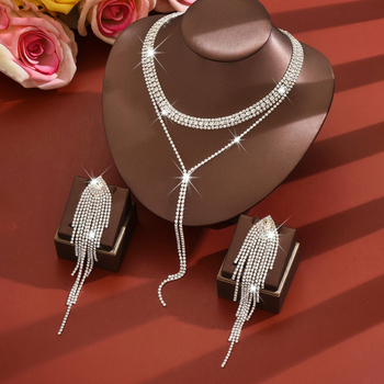 Set de bijuterii ecologice din cupru, colier cu ciucuri din rhinestone și cercei, lanț cu mai multe straturi, pandantiv: cruce/coroană/numere romane, placare ecologică