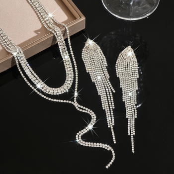 Set de bijuterii ecologice din cupru, colier cu ciucuri din rhinestone și cercei, lanț cu mai multe straturi, pandantiv: cruce/coroană/numere romane, placare ecologică