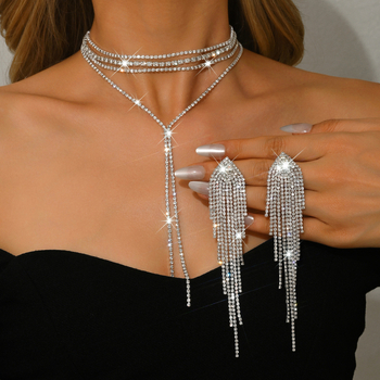 Set de bijuterii ecologice din cupru, colier cu ciucuri din rhinestone și cercei, lanț cu mai multe straturi, pandantiv: cruce/coroană/numere romane, placare ecologică