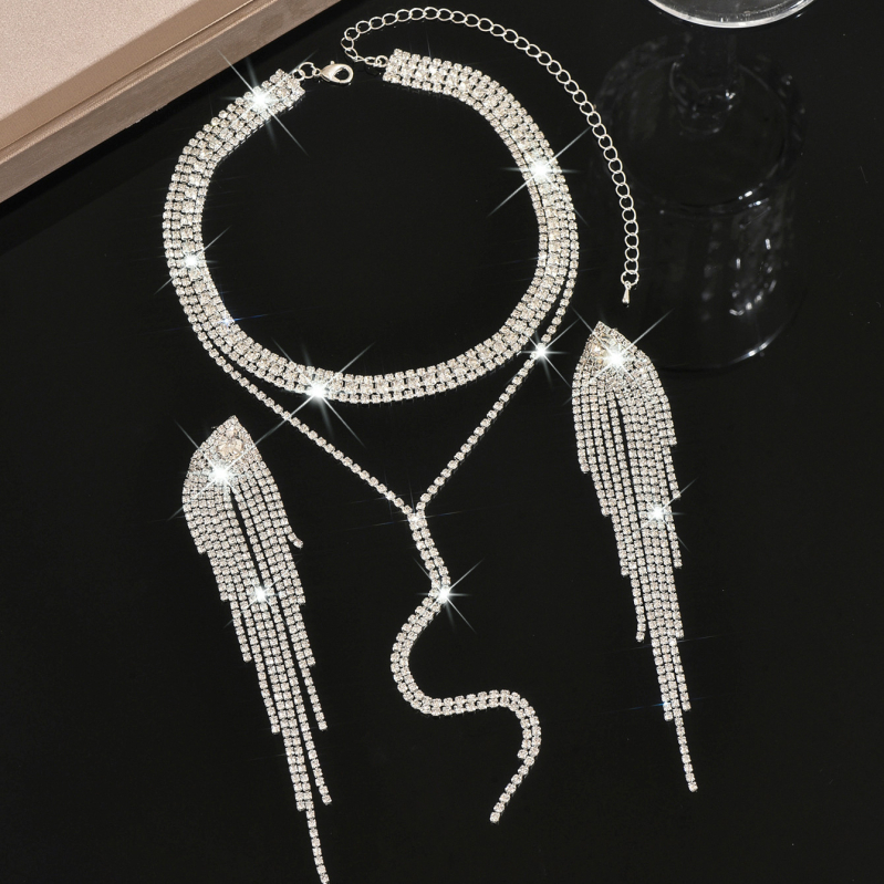 Set de bijuterii ecologice din cupru, colier cu ciucuri din rhinestone și cercei, lanț cu mai multe straturi, pandantiv: cruce/coroană/numere romane, placare ecologică