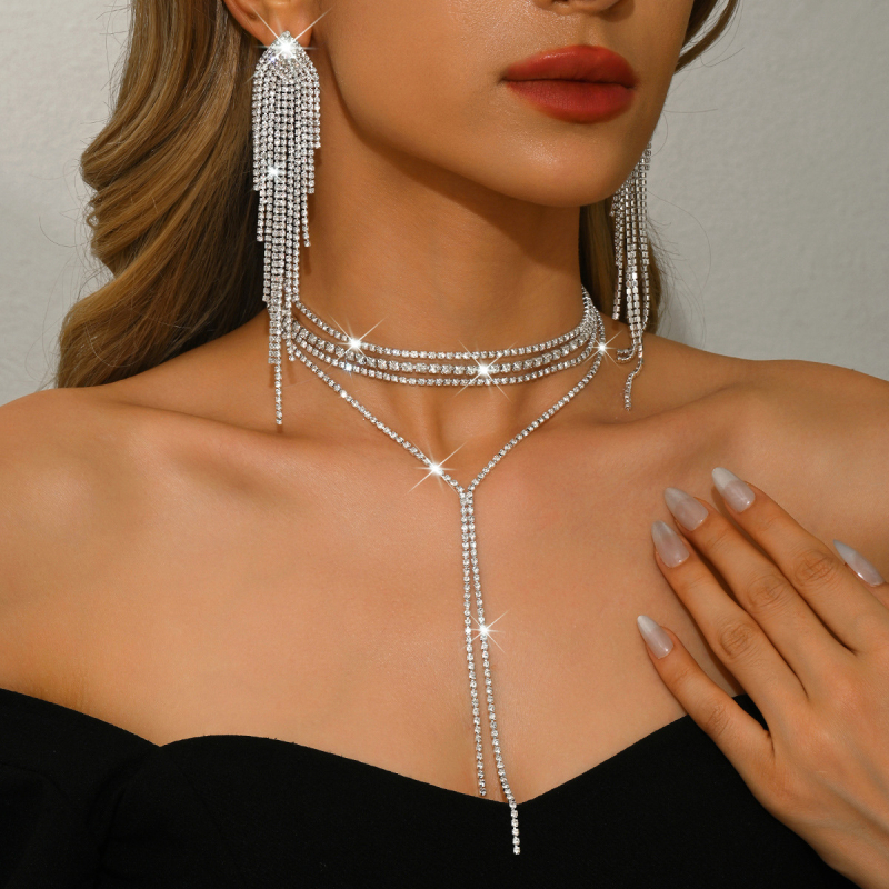 Set de bijuterii ecologice din cupru, colier cu ciucuri din rhinestone și cercei, lanț cu mai multe straturi, pandantiv: cruce/coroană/numere romane, placare ecologică