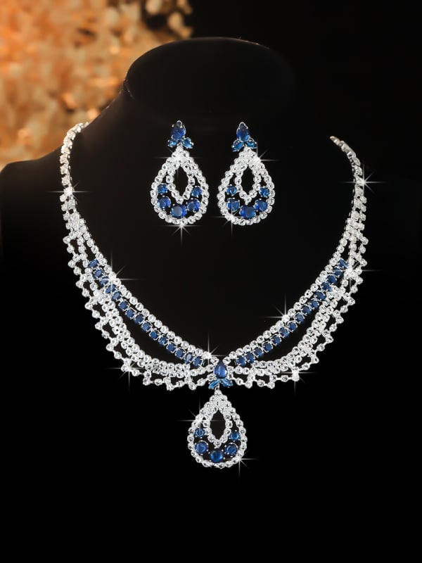 Trodijelni set ogrlice za nevjestu s križnom lancem, bakar, cirkon privjesak, geometrijski oblik, obim 41–50 cm