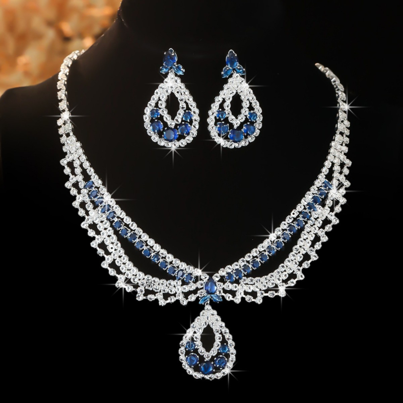 Trodijelni set ogrlice za nevjestu s križnom lancem, bakar, cirkon privjesak, geometrijski oblik, obim 41–50 cm