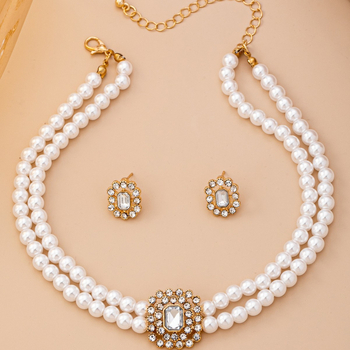 Set nakita s perlama: dvostruki choker i naušnice, kvadratni dijamantni ukrasi, elektroplirano cinkovo legura, bisernata lanac, za žene, vintage stil