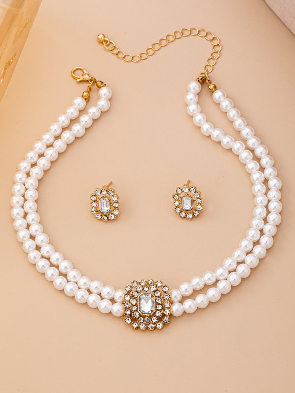 Set nakita s perlama: dvostruki choker i naušnice, kvadratni dijamantni ukrasi, elektroplirano cinkovo legura, bisernata lanac, za žene, vintage stil