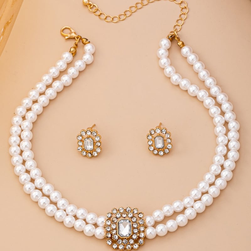 Set nakita s perlama: dvostruki choker i naušnice, kvadratni dijamantni ukrasi, elektroplirano cinkovo legura, bisernata lanac, za žene, vintage stil