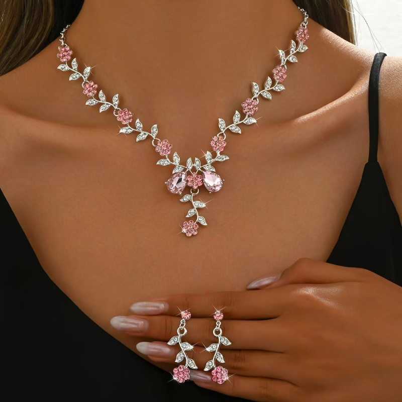 Set nakita: naušnice i ogrlica s cvjetnim uzorkom i rhinestones, od legure, elektroplatiniranje, lanac ključne kosti
