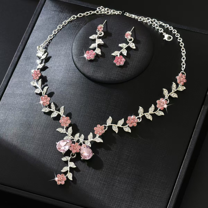Set nakita: naušnice i ogrlica s cvjetnim uzorkom i rhinestones, od legure, elektroplatiniranje, lanac ključne kosti