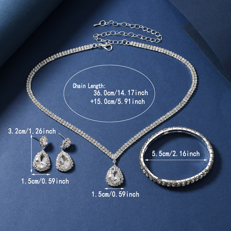 Set nakita za vjenčanje: naušnice, ogrlica i narukvica; Materijal: sintetički kristal; Lanac: zmijski lanac; Privjesak: Rhinestone; Uzorak: srce/kapljica/zvono