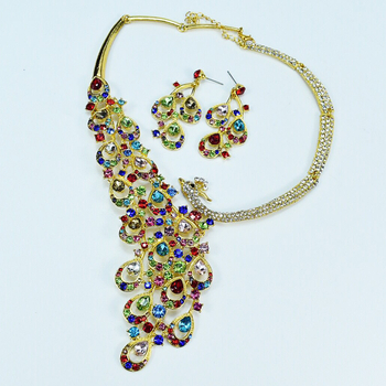 Cherish Edge Jewelry Colier și cercei cu rhinestones în stil păun – set bijuterii de mireasă