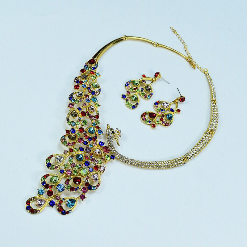 Cherish Edge Jewelry Colier și cercei cu rhinestones în stil păun – set bijuterii de mireasă