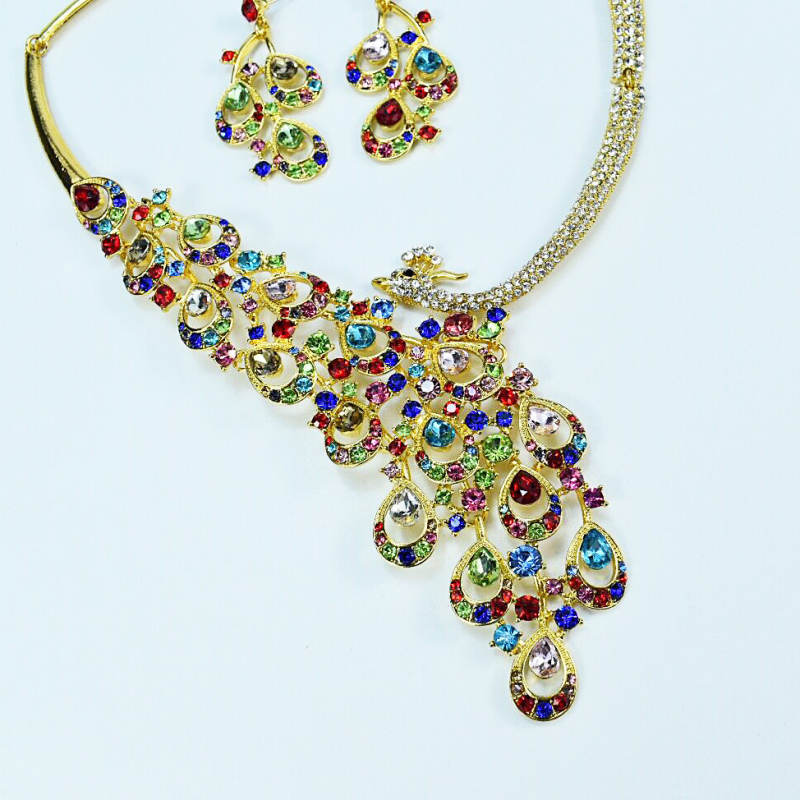 Cherish Edge Jewelry Colier și cercei cu rhinestones în stil păun – set bijuterii de mireasă