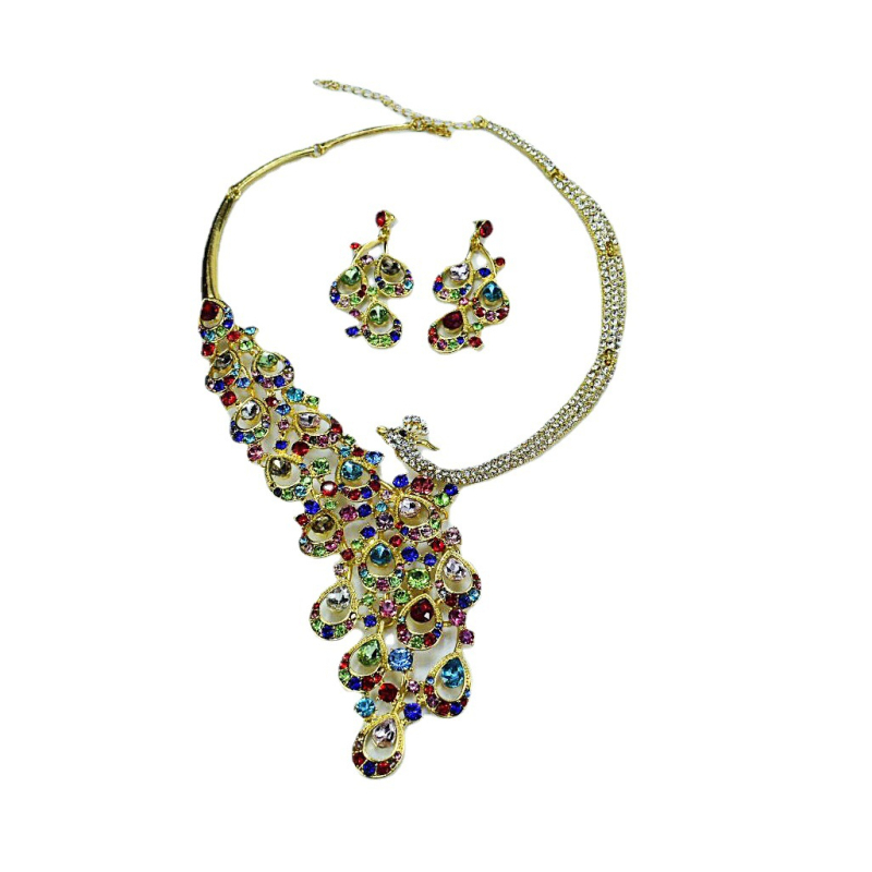 Cherish Edge Jewelry Colier și cercei cu rhinestones în stil păun – set bijuterii de mireasă