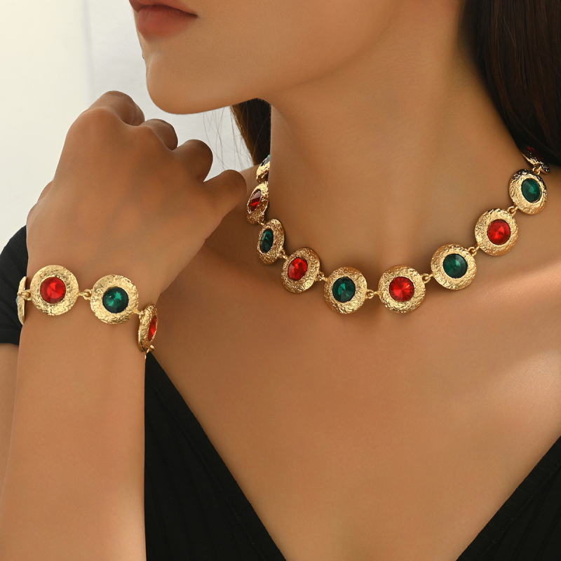 Set colier și brățară cu cristale artificiale, placare electroplatină, pandantiv din aliaj, lanț normal, stil etnic