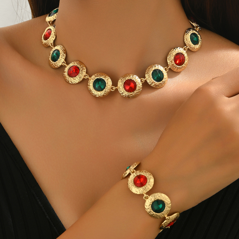 Set colier și brățară cu cristale artificiale, placare electroplatină, pandantiv din aliaj, lanț normal, stil etnic