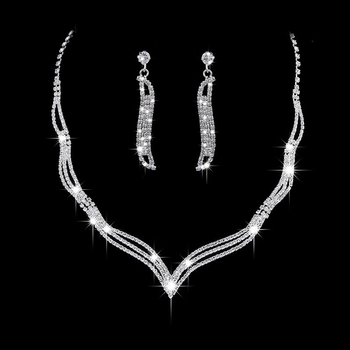 Menyasszonyi ékszer szett: fülbevaló és nyaklánc strasszkövekkel, vízcsepp minta, elektroplakált lánc